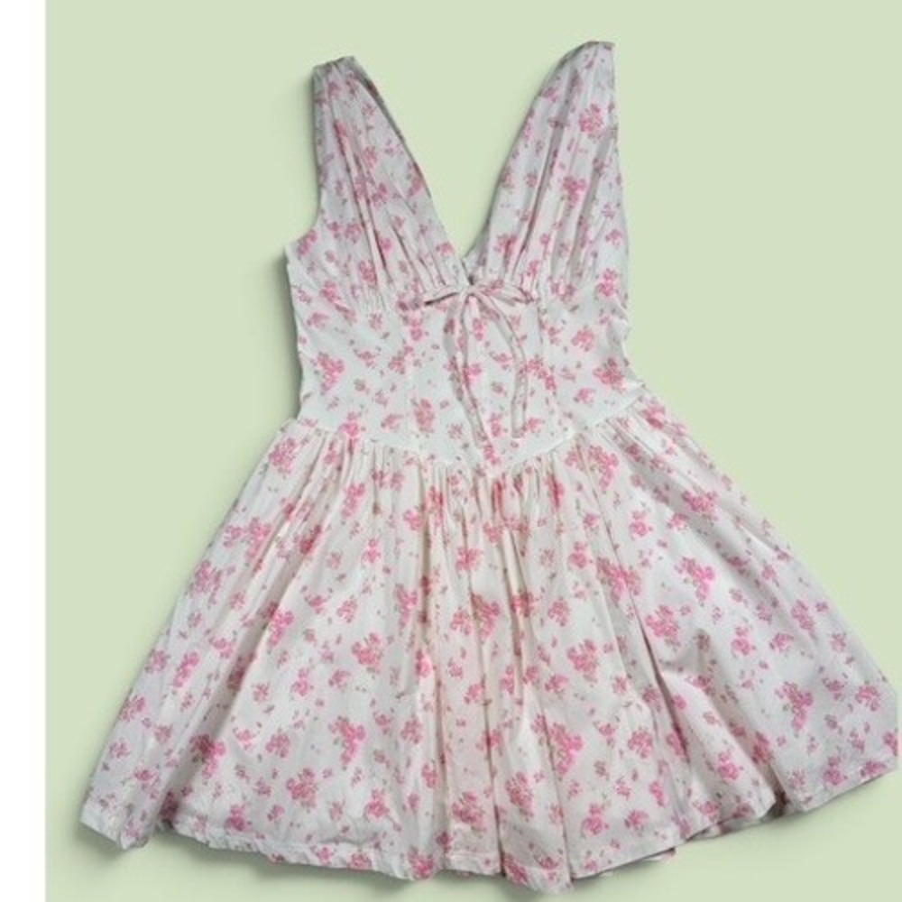 NEW Floral V-Neck Corset Mini Dress White Pink Lined Cottage Core
